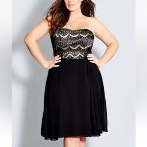 City Chic Eyelash Ebony Strapless Lace Bodice Chiffon Skirt Dress Black Sz S/16